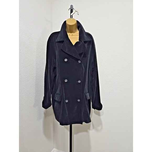 Vtg Grunge Black Velvet Pea Coat Double Breasted Beatnik Womens 1X Goth Rocker - Picture 1 of 6